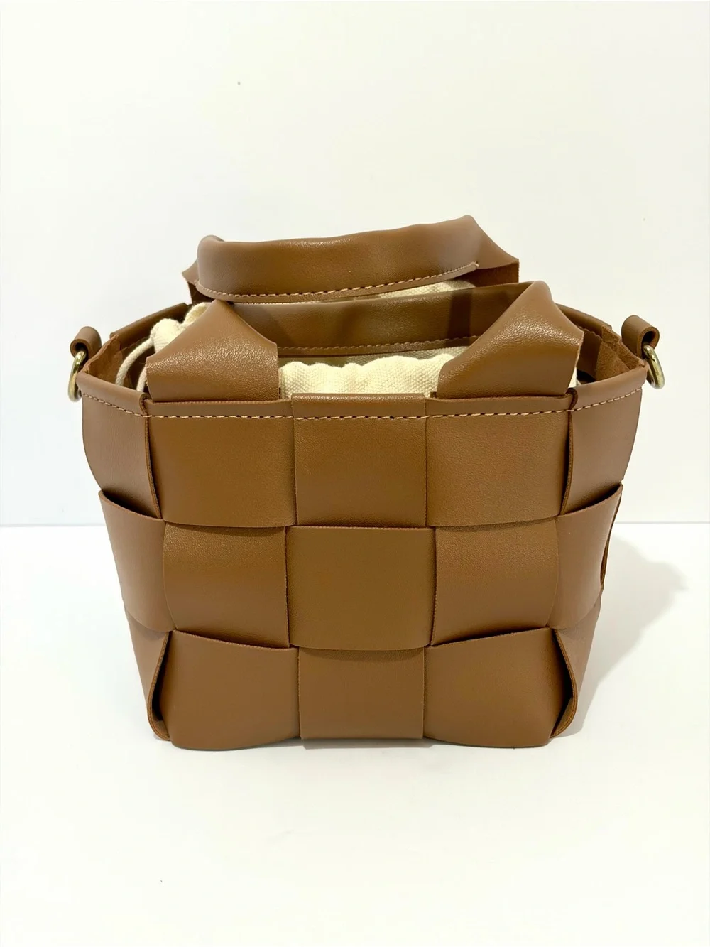 Woven Tan Mini Tote Bag with Cream Liner W/O Crossbody Strap